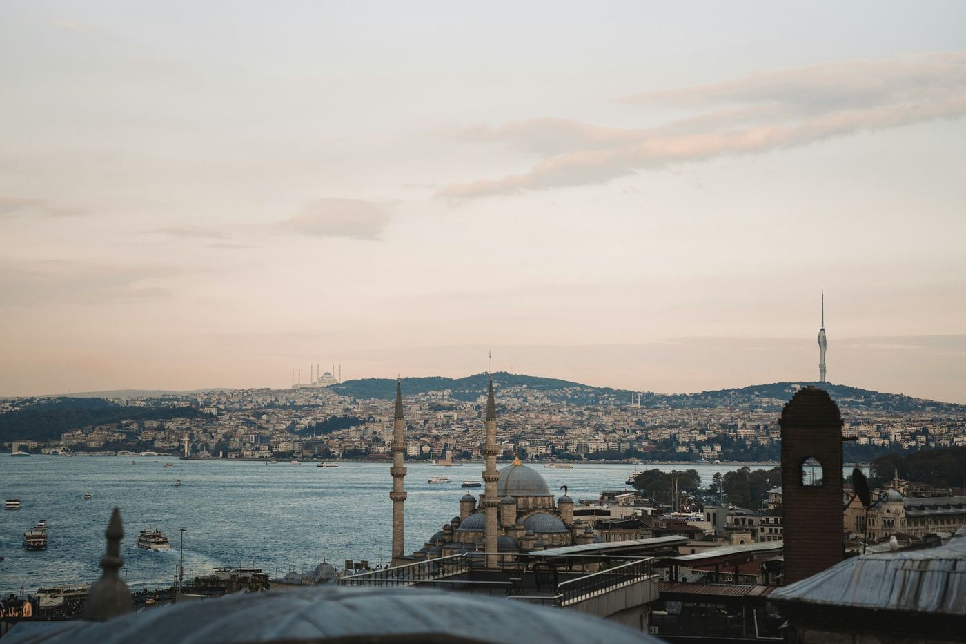 Istanbul's mosques and the Bosphorus strait at golden hour