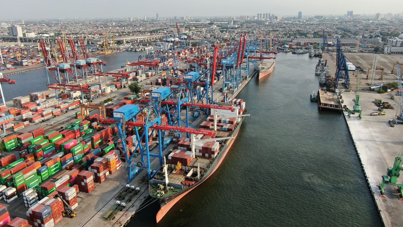 Aerial view of a busy container terminal